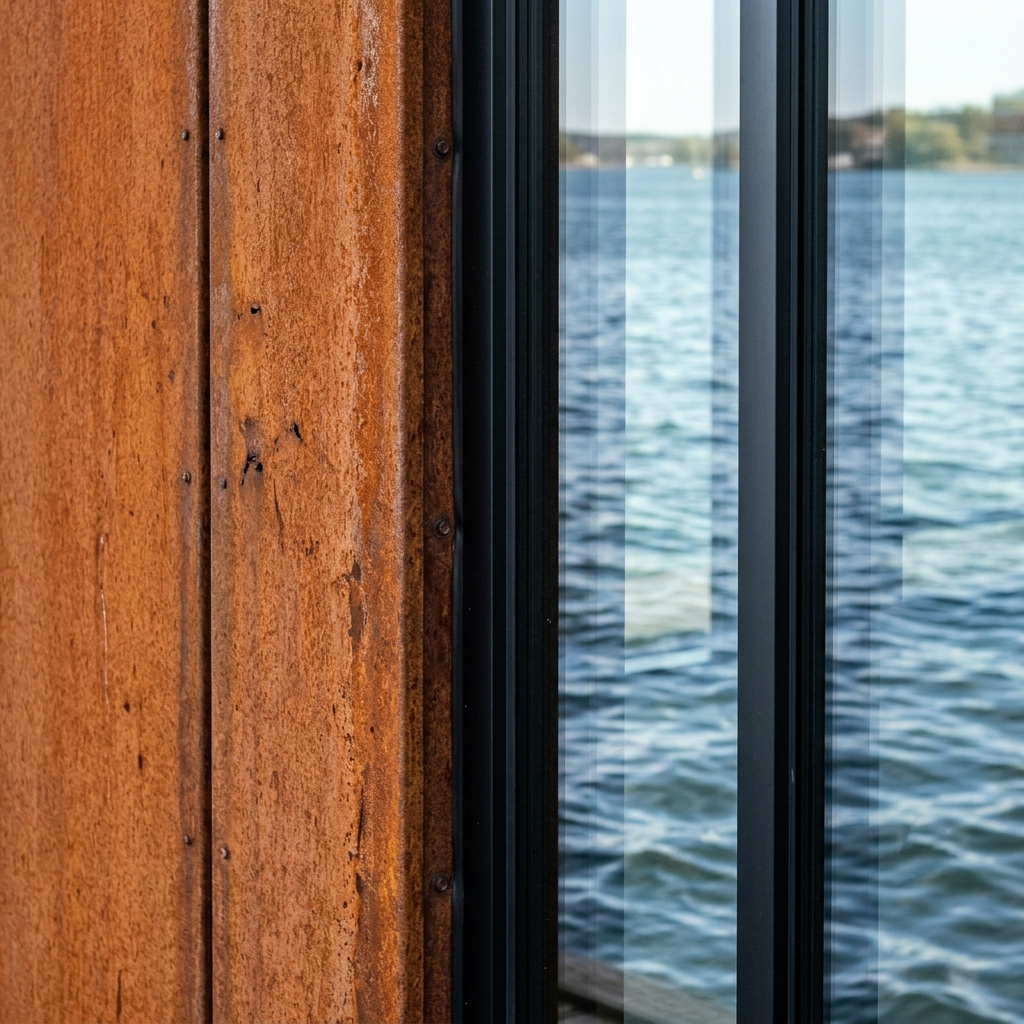 Material detail — corten steel meets glass curtain wall