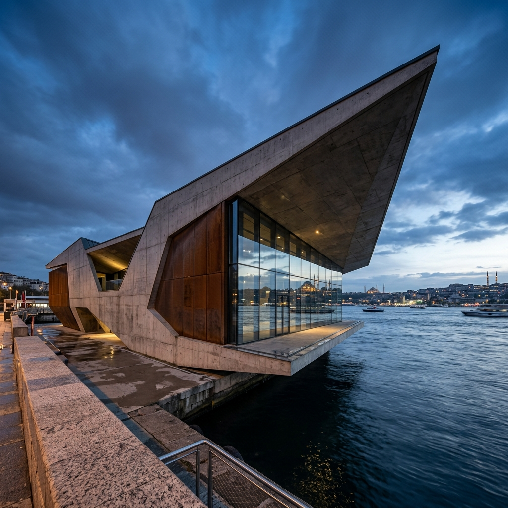 Bosphorus Pavilion — cantilevered concrete and corten steel on the waterfront
