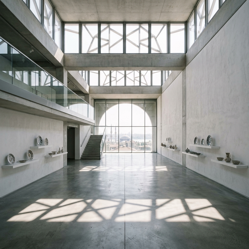 Exhibition gallery — concrete, clerestory light, ceramic display
