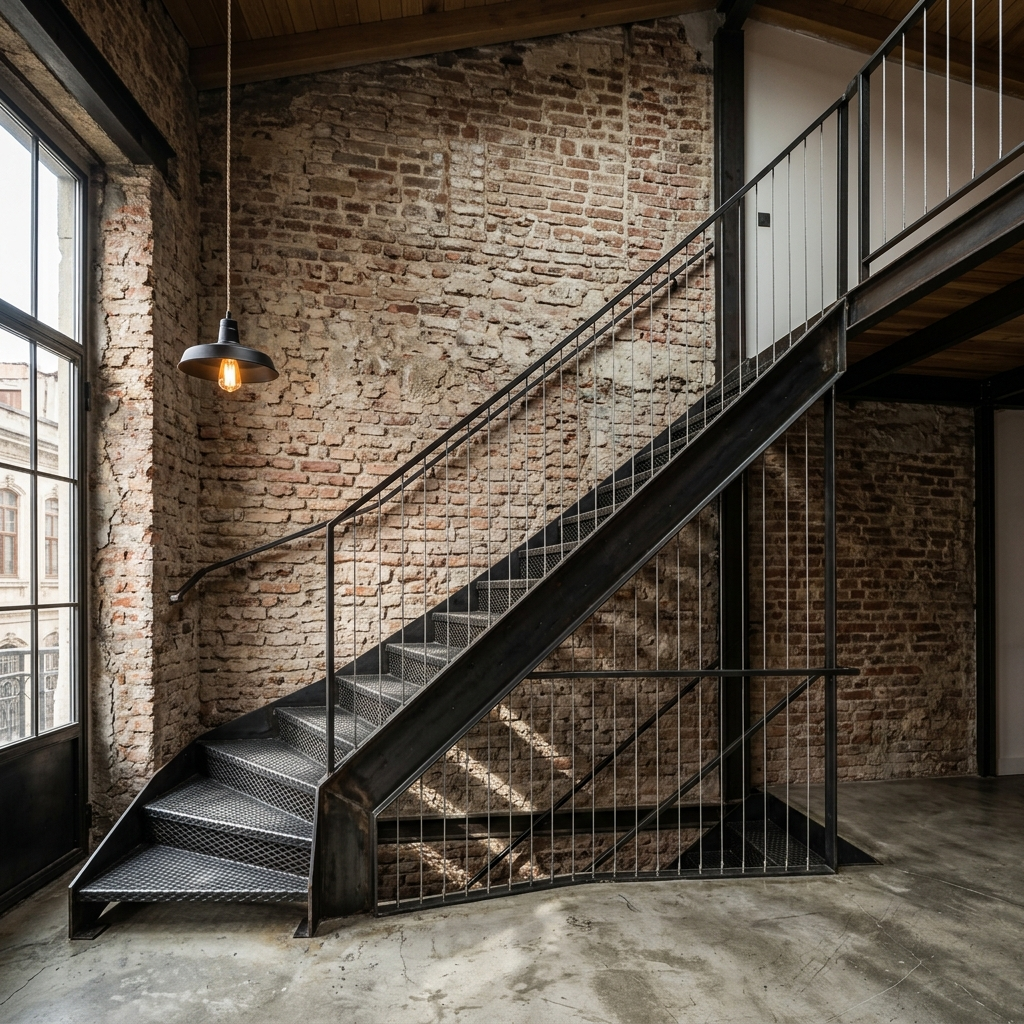 Blackened steel staircase against exposed brick wall