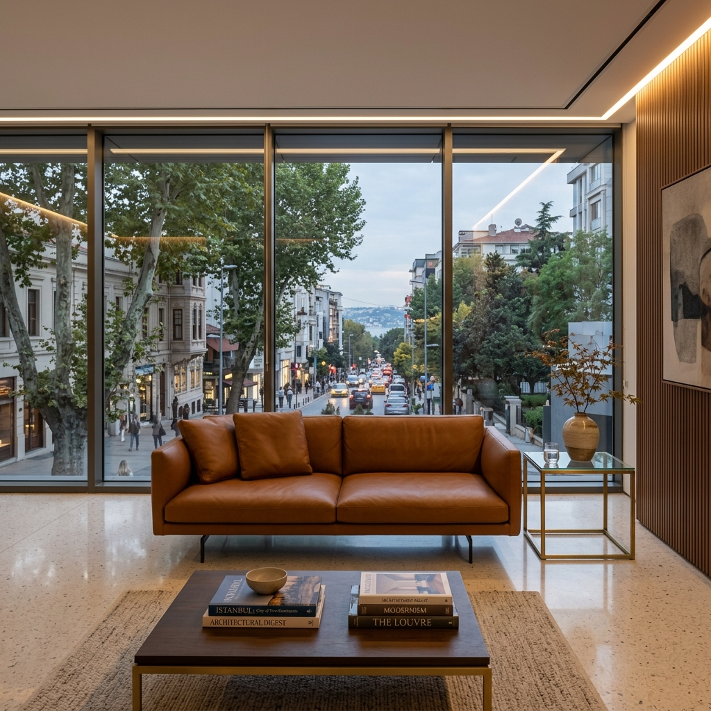 Executive lounge — leather sofa, terrazzo floor, Nişantaşı streetscape