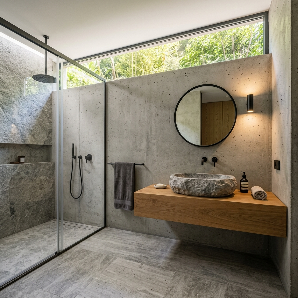 Villa Çamlıca bathroom — natural stone basin, floating oak vanity, concrete walls