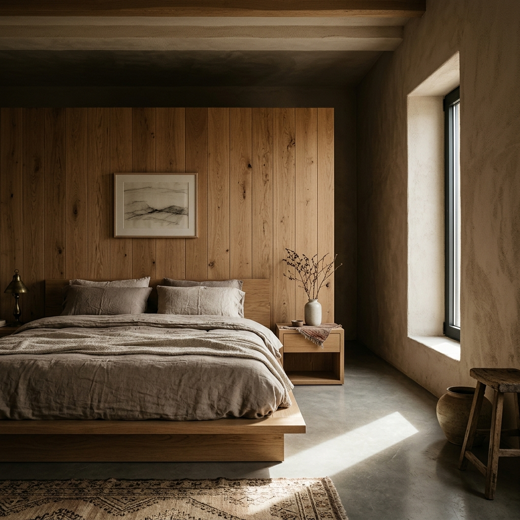 Villa Çamlıca primary bedroom — platform bed, oak wall panel, linen plaster