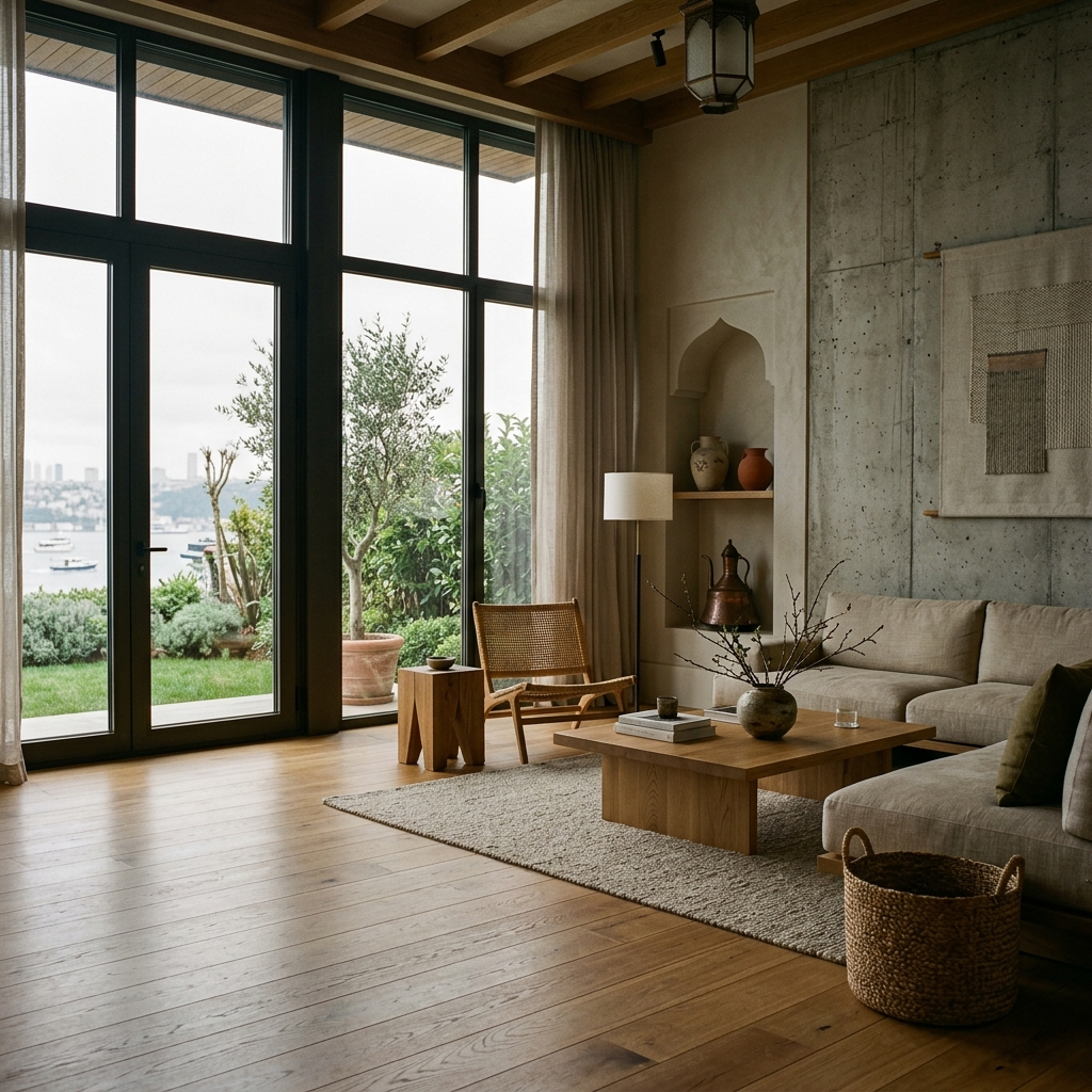 Villa Çamlıca living room — natural oak and cast concrete with Bosphorus views